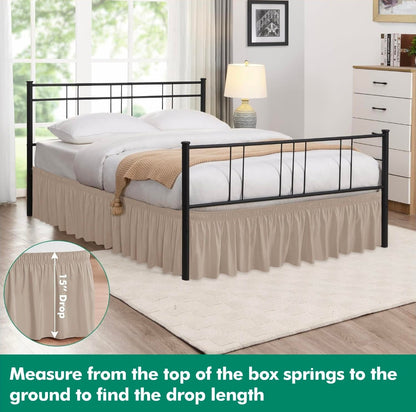 Wrap Around Queen Size Bed Skirt Split Corner 15" Drop-Elastic Dust Ruffle Light Camel Adjustable Pleated Bedskirt-Easy Fit Wrinkle Resistant Washable Bed Skirting-Master Guest Bedroom Rental Hotels - Horizon Endless