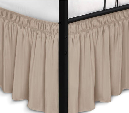 Wrap Around Queen Size Bed Skirt Split Corner 15" Drop-Elastic Dust Ruffle Light Camel Adjustable Pleated Bedskirt-Easy Fit Wrinkle Resistant Washable Bed Skirting-Master Guest Bedroom Rental Hotels - Horizon Endless
