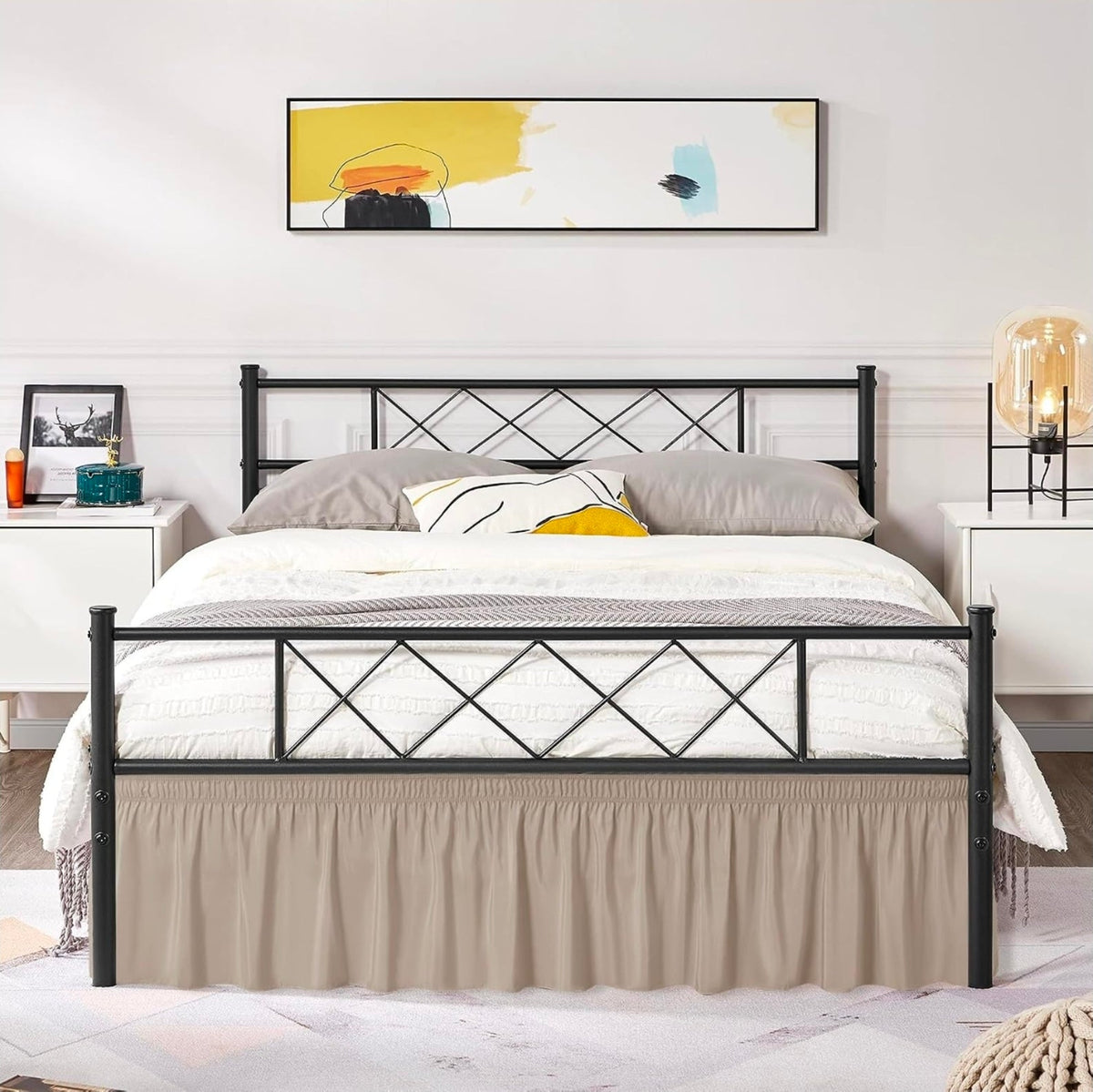 Wrap Around Queen Size Bed Skirt Split Corner 15" Drop-Elastic Dust Ruffle Light Camel Adjustable Pleated Bedskirt-Easy Fit Wrinkle Resistant Washable Bed Skirting-Master Guest Bedroom Rental Hotels - Horizon Endless