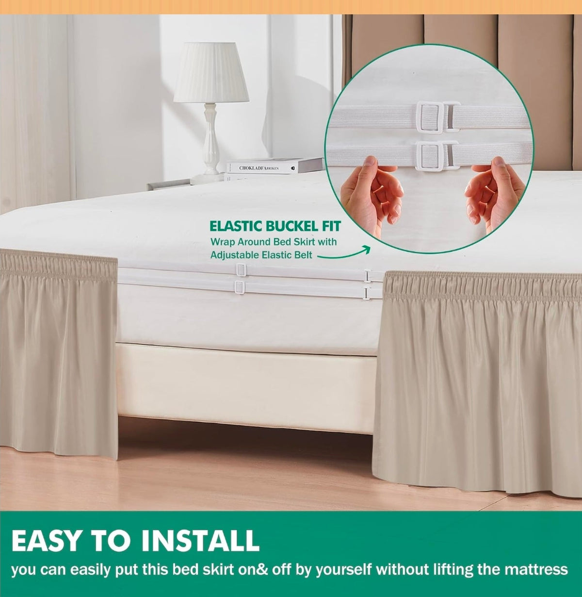Wrap Around Queen Size Bed Skirt Split Corner 15" Drop-Elastic Dust Ruffle Light Camel Adjustable Pleated Bedskirt-Easy Fit Wrinkle Resistant Washable Bed Skirting-Master Guest Bedroom Rental Hotels - Horizon Endless