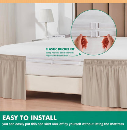 Wrap Around Queen Size Bed Skirt Split Corner 15" Drop-Elastic Dust Ruffle Light Camel Adjustable Pleated Bedskirt-Easy Fit Wrinkle Resistant Washable Bed Skirting-Master Guest Bedroom Rental Hotels - Horizon Endless