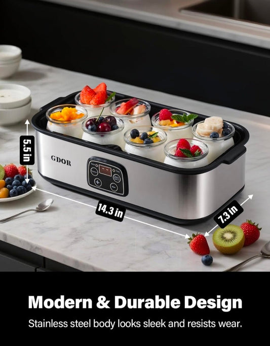 Yogurt Maker Machine with Adjustable Temp & Time, 48H Timer Digital, 8×6oz BPA-Free Glass Jars for Homemade Probiotic Yogurt, Auto Shut-Off, Stainless Steel Body - Horizon Endless