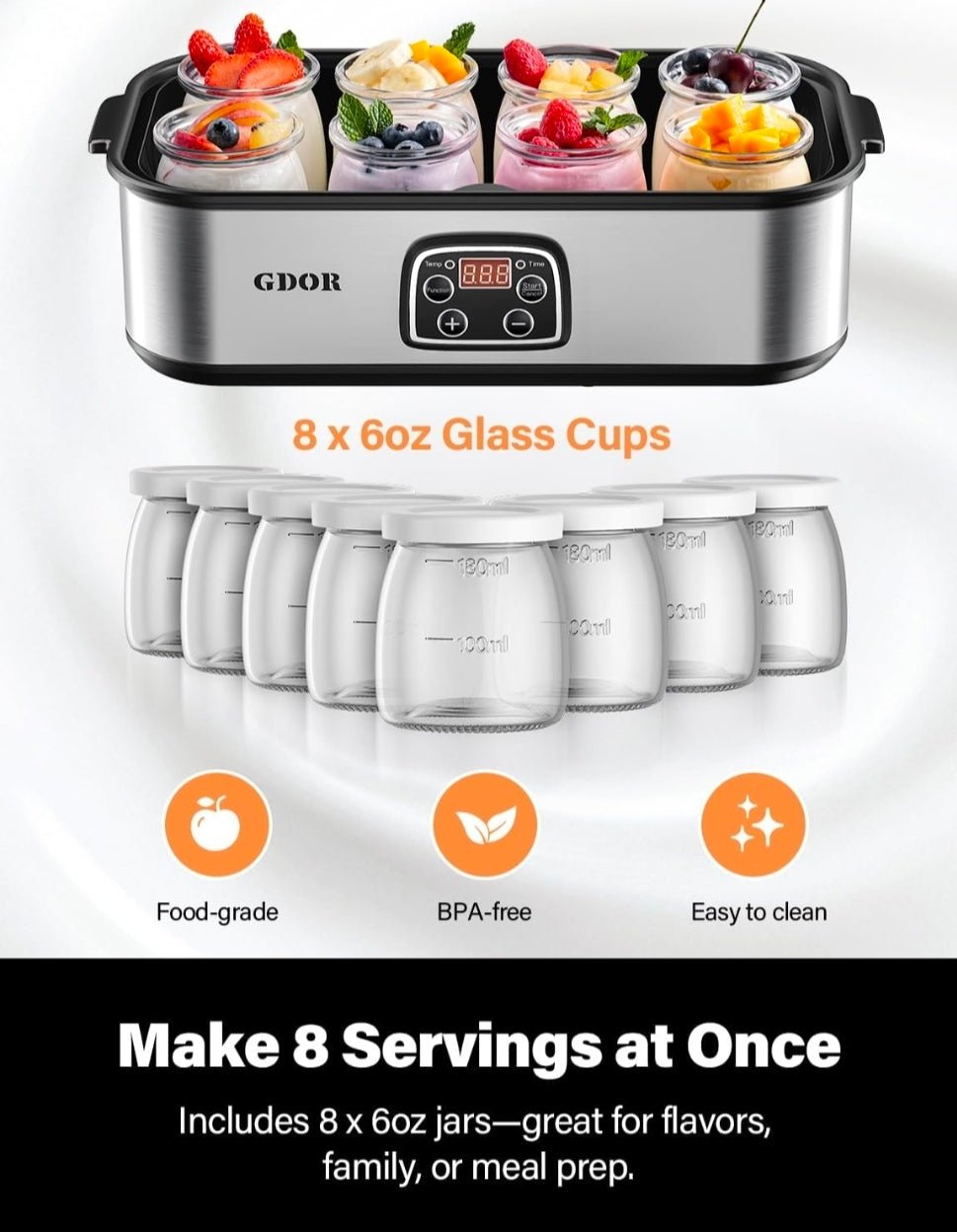 Yogurt Maker Machine with Adjustable Temp & Time, 48H Timer Digital, 8×6oz BPA-Free Glass Jars for Homemade Probiotic Yogurt, Auto Shut-Off, Stainless Steel Body - Horizon Endless